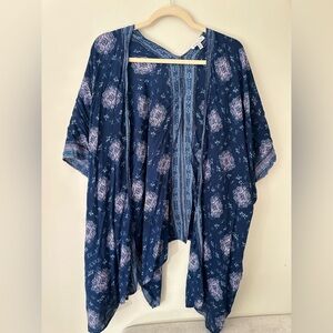 Boho Blue Floral Kimono | Lightweight Open Front Layering Cardigan M/L
